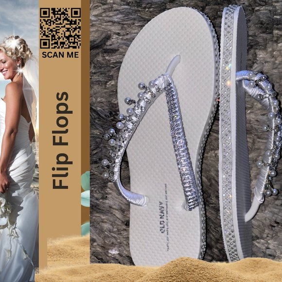 Flip Flops, Bridal Shoes, Beach Wedding Flip Flops, Rhinestones/Crystals, SZ6 - Picture 7 of 16